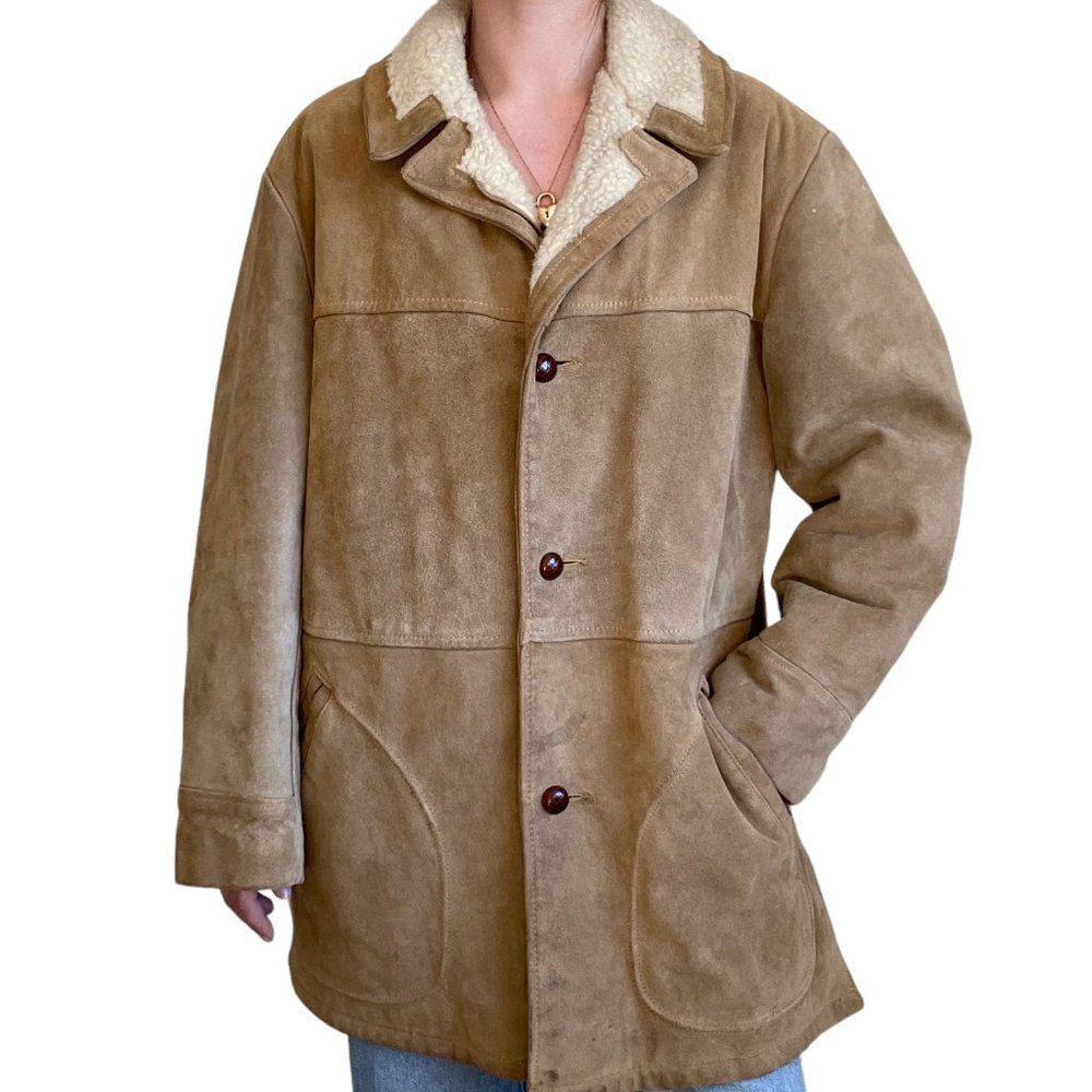 Vintage 80s Mens Aldens Tan Brown Suede Faux Shearling Lined Western Jacket 44R